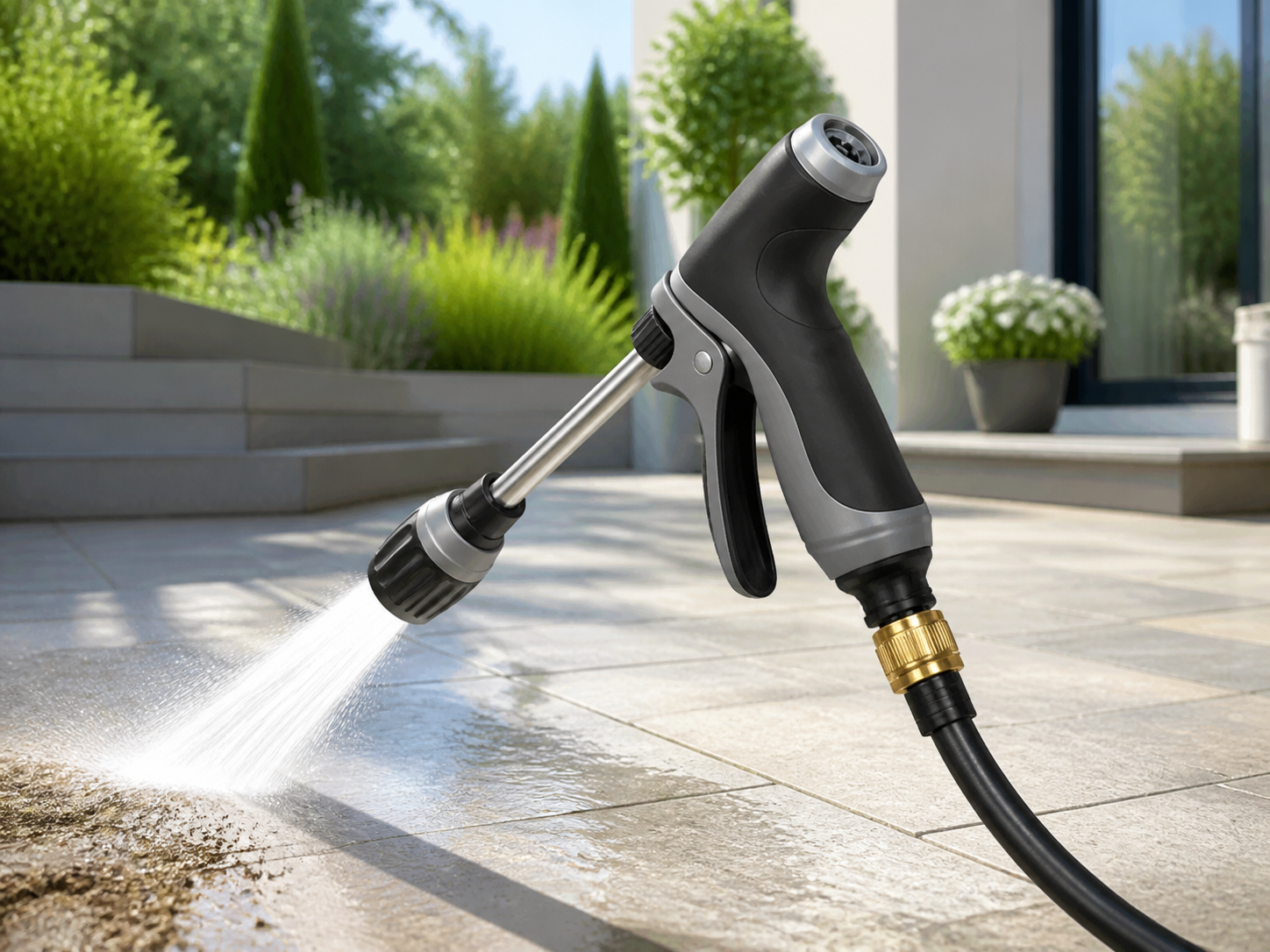 Premium hose nozzle attachment spraying water on a patio